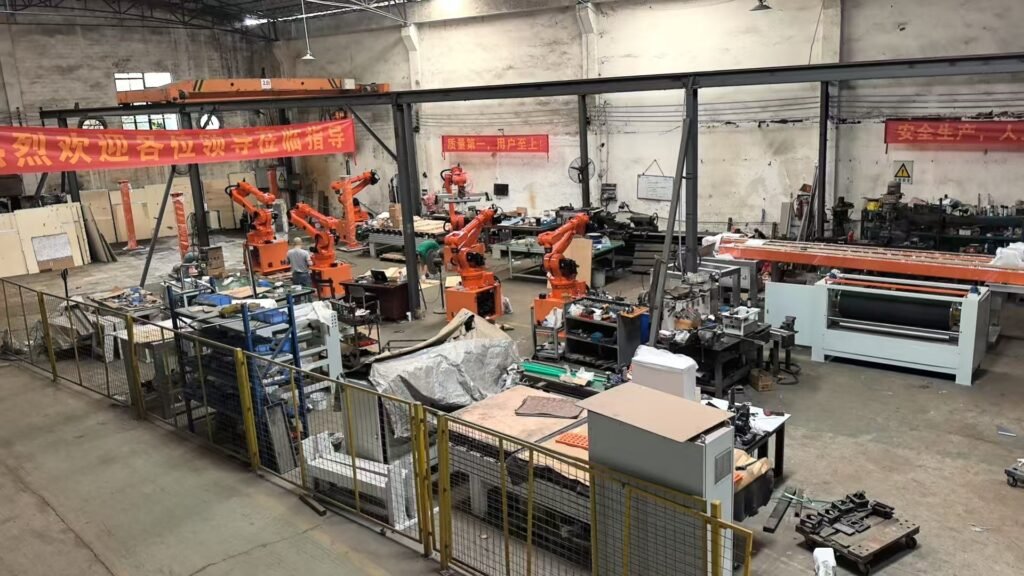 Vietnamese client inspecting 6-axis industrial robotic arm in factory workshop, on-site quality verification for automated material handling