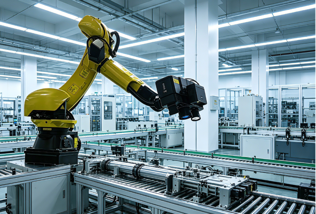 High-rigidity industrial robot arm with integrated 3D scanning system for automated quality control and precision inspection in manufacturing