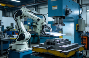 Robotic press tending with 6-axis robotic arm for metal stamping automation | Industrial robotic arm loading/unloading press machine