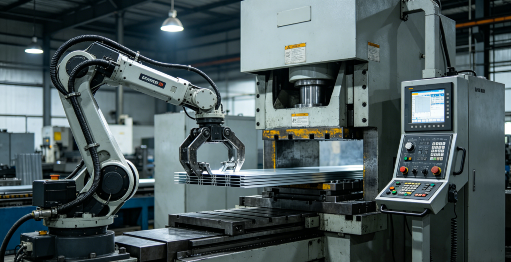 Robotic press tending: 6-axis robotic arm loading metal sheets into stamping press for automated manufacturing