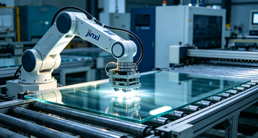 Industrial JinXi robotic arm handling glass sheets in glass production workshop, automated glass transfer equipment