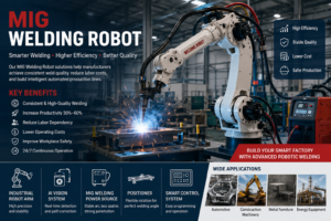 Industrial MIG welding robot arm performing automated welding on a metal workpiece in a smart factory, demonstrating robotic welding, AI vision technology, improved welding quality, and factory automation.