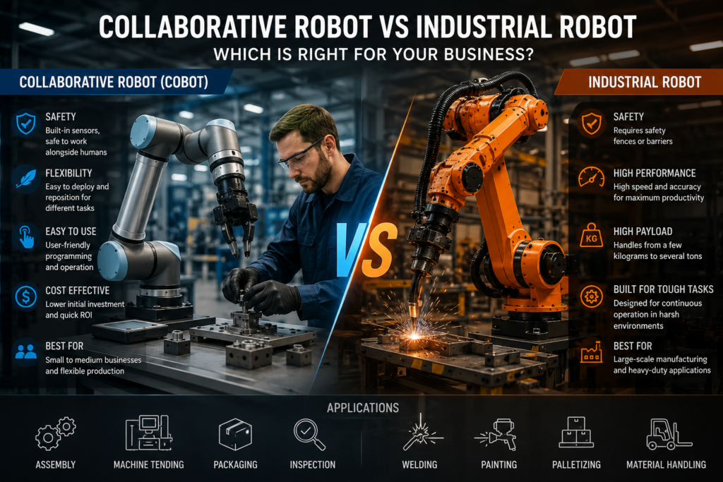 Collaborative robot and industrial robot comparison in a manufacturing facility showing differences in safety, flexibility, speed, payload capacity, welding, machine tending, palletizing, and industrial automation applications.