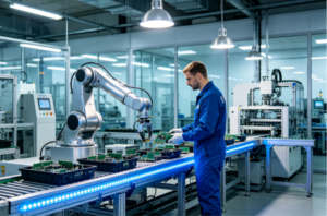 Collaborative robot arm working alongside factory worker, AI vision cobot cage-free flexible automation for manufacturing production line