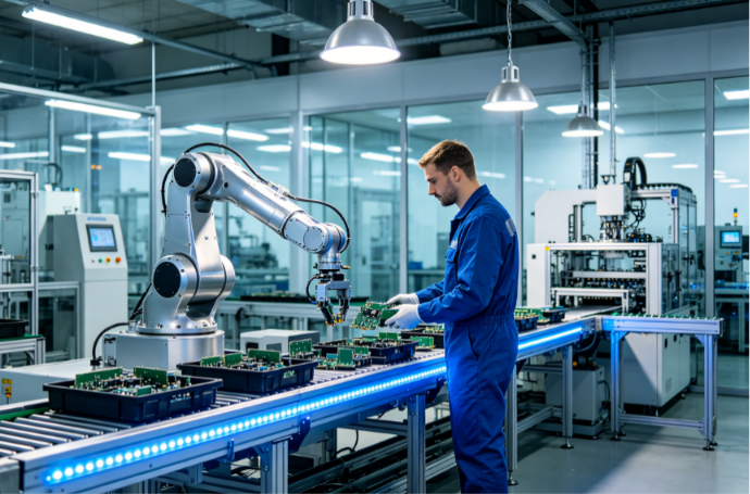 Collaborative robot arm working alongside factory worker, AI vision cobot cage-free flexible automation for manufacturing production line