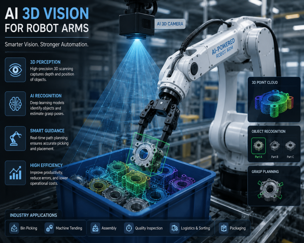 Industrial robot arm equipped with AI 3D vision system performing intelligent bin picking and automated object recognition in a smart manufacturing factory.